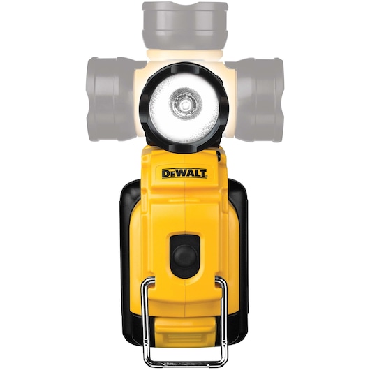 A DEWALT portable work light, model DCL510, shown in yellow and black. The image highlights its adjustable head, with shaded overlays demonstrating multiple rotation positions. The brand logo is visible on the front.