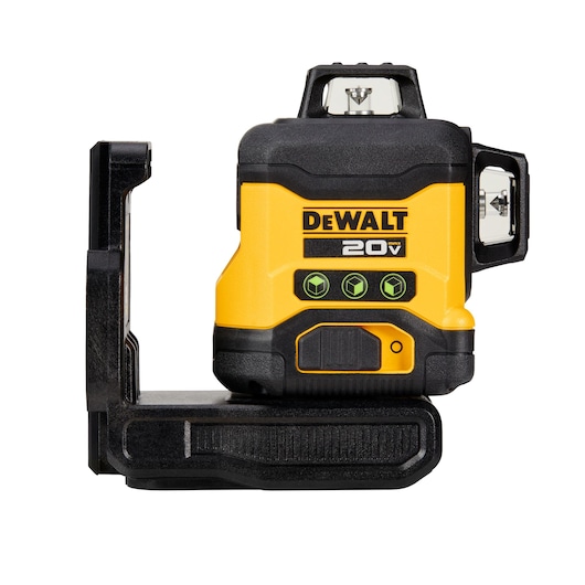 A DEWALT 20V yellow and black laser level tool with mounting bracket, shown from the side against a white background.