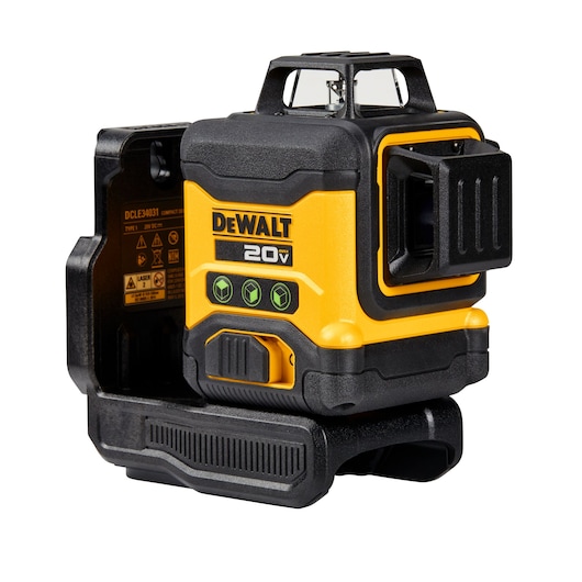 A DEWALT 20V professional laser level tool in yellow and black, designed for precise alignment and leveling in construction or photography applications.