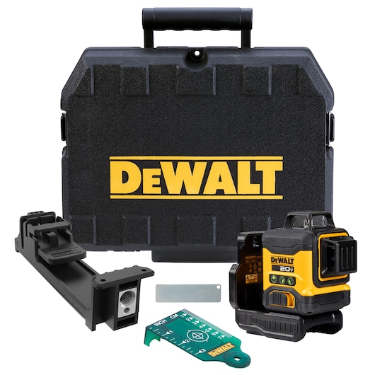 DEWALT 20V laser level kit, including a black and yellow laser level device, a black hard carrying case with DEWALT logo, a mounting bracket, a green targeting card, and a reflective plate.