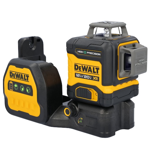 A DEWALT high precision self-leveling laser level device with a yellow and black design. The model features a 12V/20V XR rechargeable battery, control buttons, and is mounted on a sturdy base for accurate alignment in construction or photography tasks.