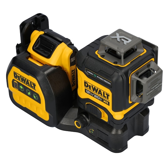 A DEWALT branded laser level tool featuring yellow and black coloring, high precision markings, and digital control buttons for settings. The device is labeled 12V/20V XR and is designed for professional alignment and leveling tasks.