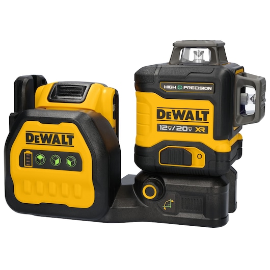 A DEWALT high precision 12V/20V XR laser level device with a yellow and black design. The device features a battery indicator and multiple control buttons, designed for accurate leveling and alignment tasks in construction or photography.