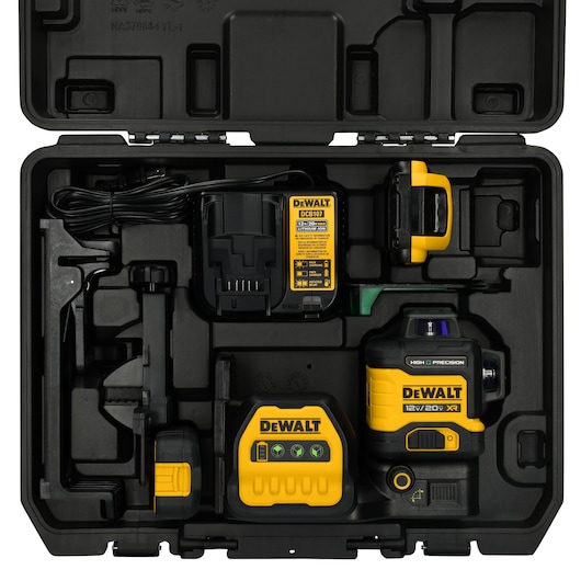 A DEWALT laser level photography kit in a black hard plastic carrying case. The kit includes a yellow and black laser level, charger, battery, and several accessories, all fitted securely inside the case.