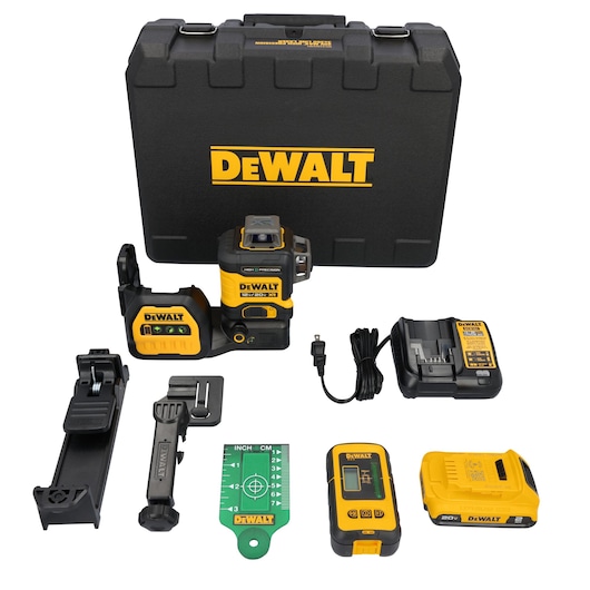 A DEWALT laser level kit is displayed with a hard carrying case featuring the DEWALT logo. The kit includes a laser level, battery, charger, wall mount, target card, remote control, brackets, and various accessories, all arranged neatly.