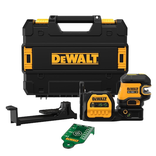 A DeWalt branded laser level kit including a black and yellow hard carrying case, a laser level device, mounting bracket, and a green inch/centimeter measurement target.