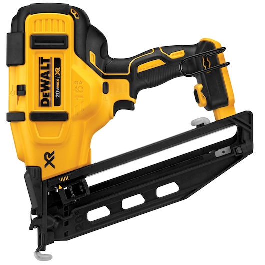 A DEWALT 20V MAX XR cordless angled finish nailer with a yellow and black design, featuring a brushless motor and ergonomic handle.