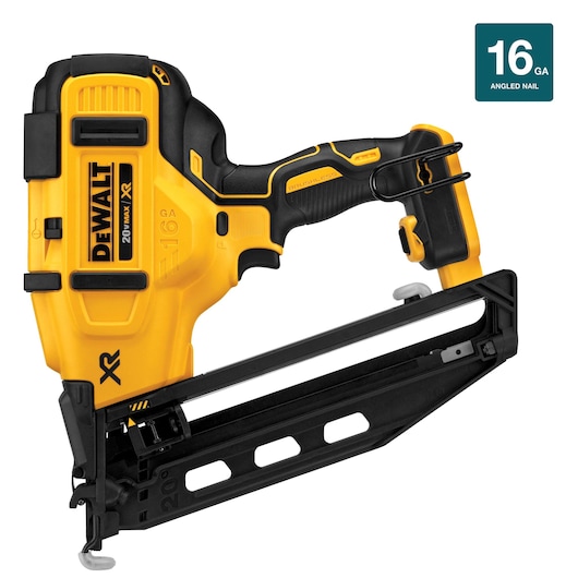 A DEWALT 20V MAX XR cordless angled finish nailer in yellow and black, designed for 16 gauge angled nails, with ergonomic grip and visible branding.