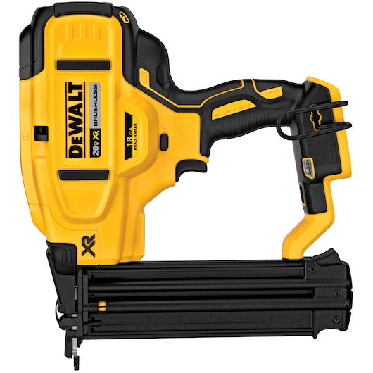 A DEWALT 20V XR cordless brushless nailer, model DCN680B, in yellow and black. It is a 18 gauge brad nailer used for fastening and carpentry work.