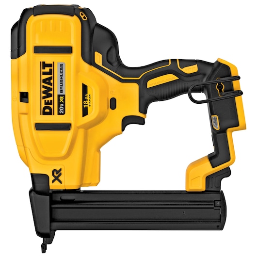 A yellow and black DEWALT 20V XR Brushless cordless nailer with an 18 gauge capacity, shown in a side view.