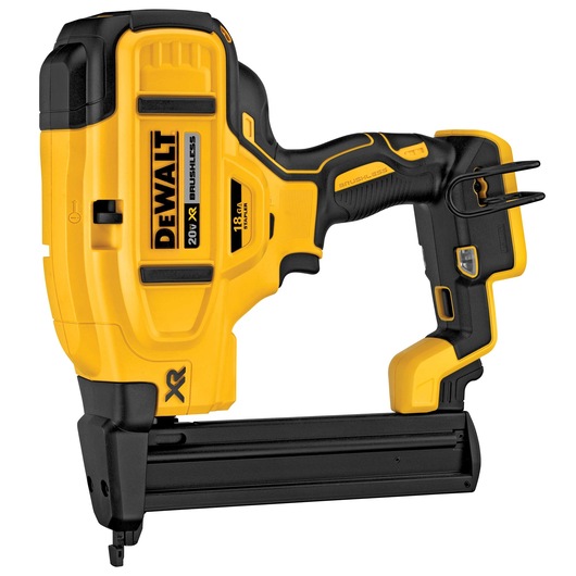 A yellow and black DEWALT 20V XR brushless 18 gauge cordless brad nailer.
