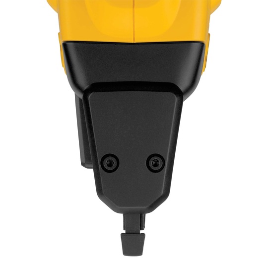 Close-up view of the nozzle and front section of a DEWALT DCN681B tool, showing the yellow and black casing and tip.
