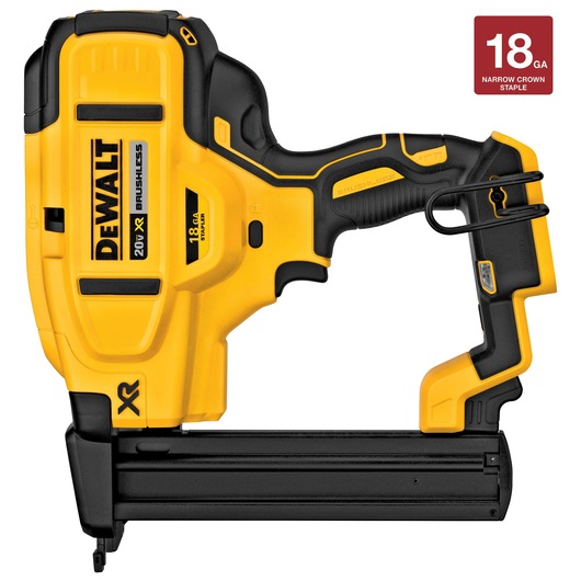 DEWALT 20V XR cordless brushless narrow crown stapler, model DCN681B, for 18 gauge staples. The tool is yellow and black with a prominent DEWALT logo on the side.