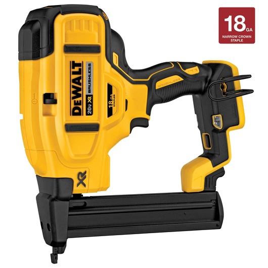 A DEWALT cordless 20V brushless narrow crown stapler, model DCN681B, designed for 18 gauge staples. The tool is yellow and black, featuring ergonomic grips and branding details. A red box on the right displays '18 GA Narrow Crown Staple.'