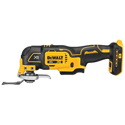 A DeWALT 20V XR brushless cordless oscillating multi-tool, featuring a yellow and black design with a detachable blade and ergonomic handle.
