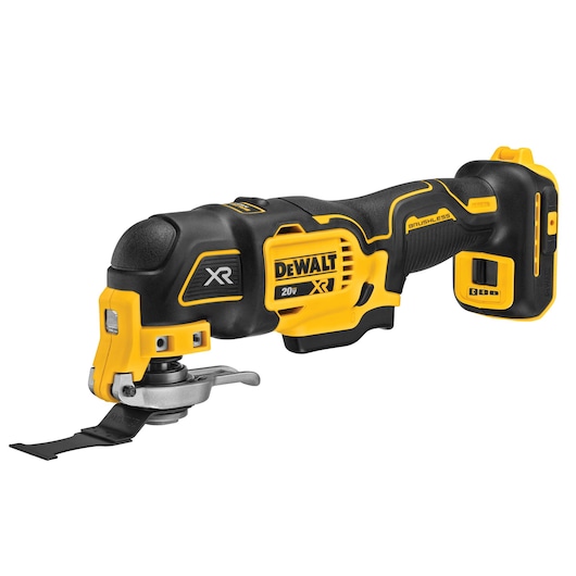 Cordless DEWALT 20V XR oscillating multi-tool with a yellow and black body, shown with a blade attachment and ergonomic grip.
