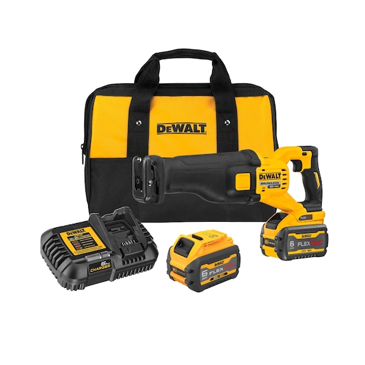 A DEWALT cordless reciprocating saw kit with a black and yellow tool bag, a saw, two FLEXVOLT batteries, and a charger, all displayed on a white background.