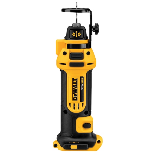 A yellow and black DEWALT 20V MAX cordless rotary tool with a drill bit attachment, shown upright against a white background.