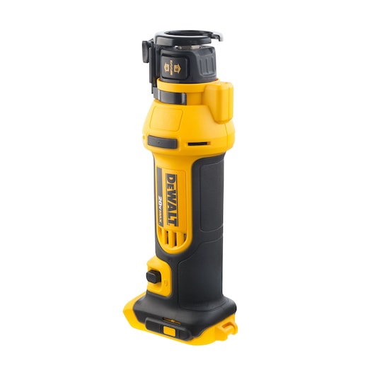 Cordless yellow and black DEWALT rotary cut-out tool standing upright on a white background.