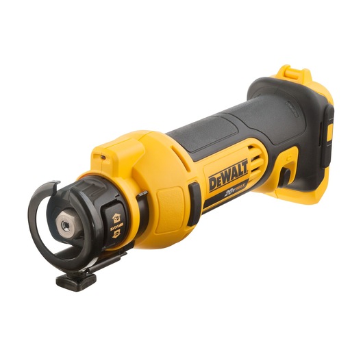 A DEWALT cordless rotary cut-out tool with a yellow and black body, designed for cutting materials such as drywall. The tool is shown at an angle with its protective guard and ergonomic handle visible.