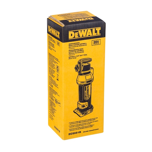 A yellow and black DEWALT-branded box containing a 20V lithium-ion drywall cut out tool, model DCS551B. The packaging features illustrations and details about the tool.