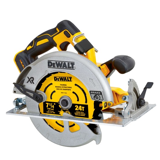 A DEWALT cordless circular saw with a yellow and black handle, featuring a 7-1/4 inch carbide-tipped blade and labeled as model DCS570B.