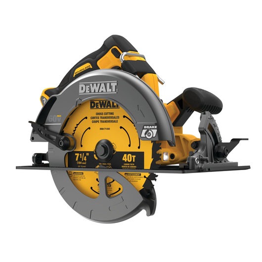 A DEWALT cordless circular saw, model DCS575B, with a yellow and black design and visible branding. The saw features a 7-1/4 inch 40T carbide blade and is suitable for cross cutting. It is a power tool commonly used for woodworking and construction.