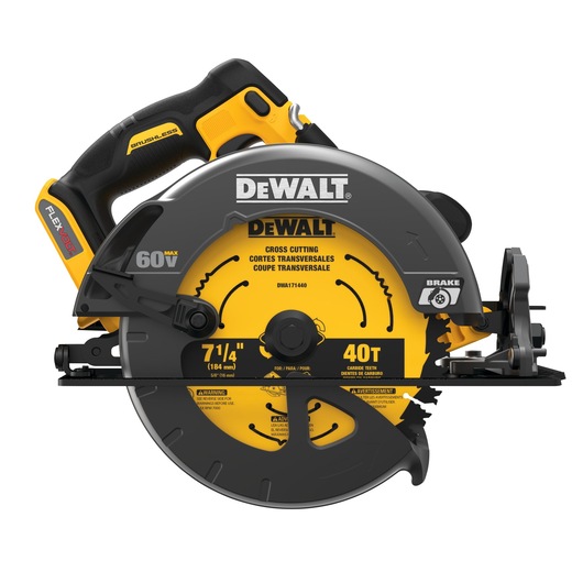 Front view of a DEWALT 60V MAX FLEXVOLT cordless circular saw with a 7-1/4 inch carbide tooth blade and brushless motor, model DCS575B. The tool is black and yellow, featuring a safety brake and labeled for cross cutting.