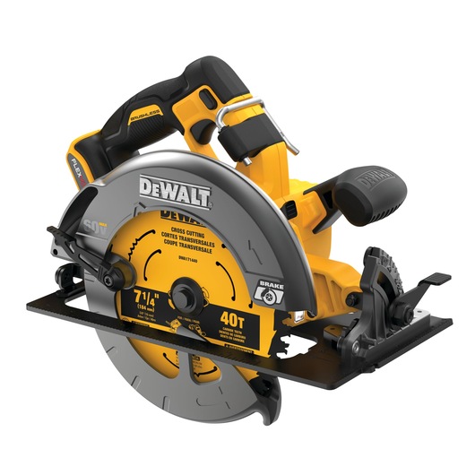 Cordless DEWALT circular saw, model DCS575B, featuring a yellow and black design with a visible 7-1/4 inch 40-tooth cutting blade, suitable for cross cutting. The saw has ergonomic handles and is equipped with a blade brake mechanism.