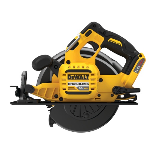 A yellow and black DEWALT cordless circular saw with brushless motor, FLEXVOLT 60V MAX branding, side profile view.