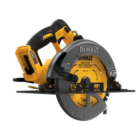 DEWALT cordless circular saw with a 7-1/4 inch blade, model DCS575B, featuring a yellow and black design and a FLEXVOLT brushless motor. The tool is shown without the battery attached.