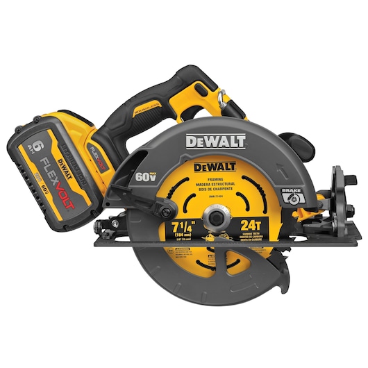 A DeWalt cordless circular saw with a yellow and black design, featuring a FlexVolt 60V lithium-ion battery and a 7 1/4 inch framing blade.