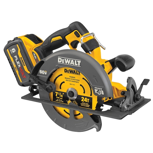 A yellow and black cordless circular saw by DeWALT with a FLEXVOLT 60V battery. The saw is designed for framing and features a brushless motor and a 7-1/4 inch blade.