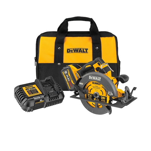 A DEWALT cordless circular saw set, including a yellow and black tool bag, a battery charger, a FLEXVOLT battery, and a circular saw.