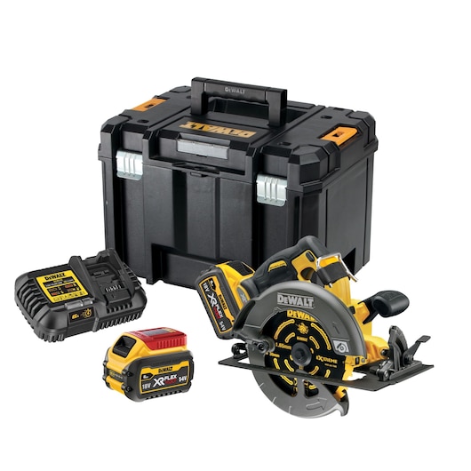 54V XR FLEXVOLT Circular Saw with XR Extreme Runtime blade DT99562 and 6AH Flexvolt battery, DCB116 charger, 6AH Flexvolt battery and Tstak box