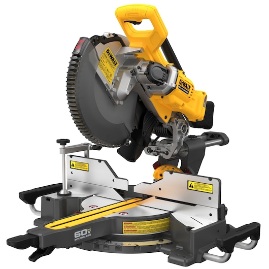 A DEWALT DCS781B 60V brushless cordless miter saw, featuring a yellow and black design, used for precision wood cutting.