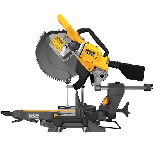 A DEWALT cordless miter saw with a yellow and black design, featuring a large circular blade and a sliding base for precise cutting. The tool has a handle, dust bag, and safety labels visible on the body.