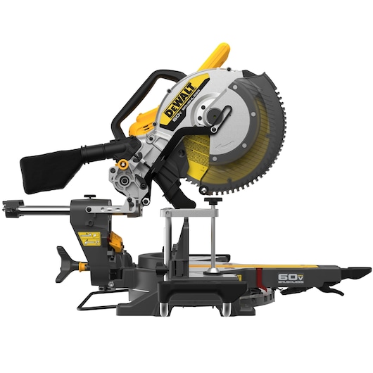 A DEWALT 60V MAX brushless sliding compound miter saw. The saw is mostly black, yellow, and silver with a large circular blade, a dust bag, and a sliding rail system. It is a power tool designed for precise cutting in woodworking and construction projects.
