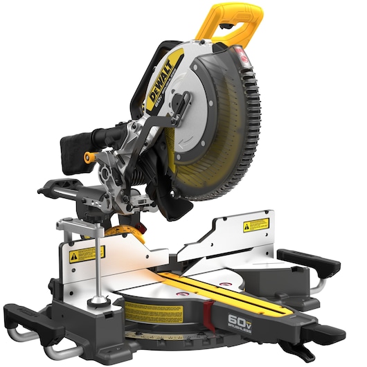 DEWALT 60V MAX brushless cordless sliding miter saw with a yellow handle, silver blade guard, and adjustable base. The saw is designed for precise cutting of wood and other materials and features measurement indicators and warning labels on the base.