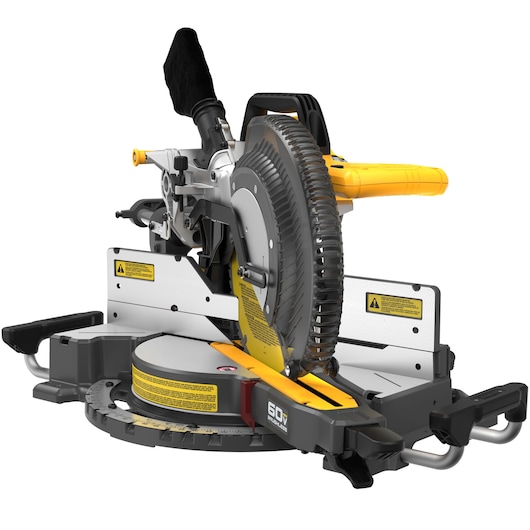 A DEWALT DCS781B 60V cordless miter saw with a yellow handle, silver and black body, dust collection bag, and safety warning labels, designed for precise woodworking and cutting tasks.