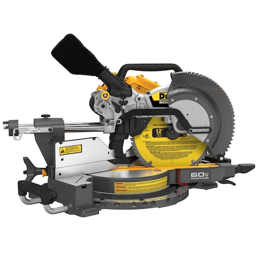 DEWALT 60V brushless 12-inch double bevel sliding miter saw, featuring a dust collection bag, safety warnings, and adjustable angles.
