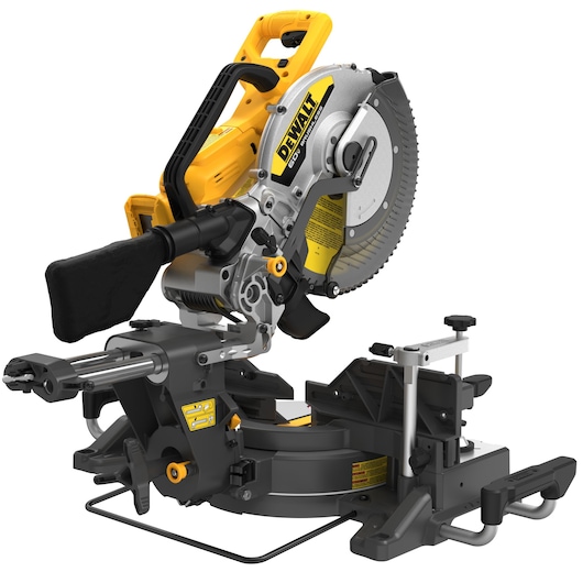 A DEWALT branded sliding compound miter saw with yellow and black handles, a circular saw blade, and a dust collection bag attached. The tool is designed for precise woodworking and cutting tasks.