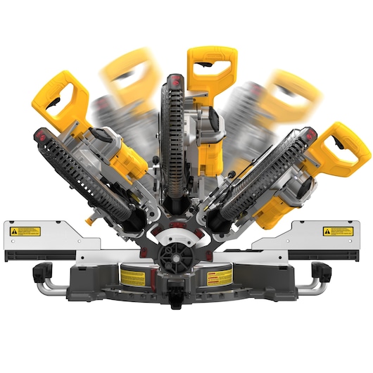 A DEWALT miter saw shown from the front, illustrating the adjustable positions of the saw blade with multiple yellow handles depicted in various angles for demonstration purposes.