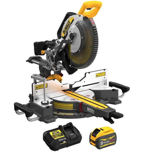 A DEWALT branded miter saw with a yellow handle, blade guard, and base, shown alongside a battery and charger. The saw is designed for woodworking and precise angled cuts.