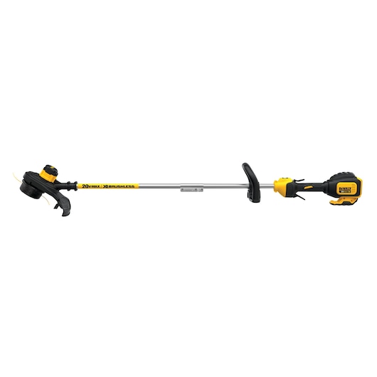 A DEWALT 20V MAX XR Brushless String Trimmer, showing a long shaft with a yellow and black handle on one end and a black cutting head on the other.