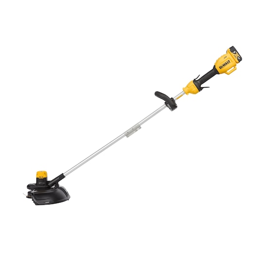 A DEWALT cordless string trimmer with a yellow and black handle, a long silver shaft, and a black trimming head, shown against a white background.