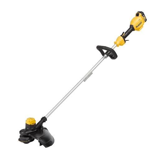 A cordless yellow and black DEWALT string trimmer with a long metal shaft and ergonomic handle. The device is shown isolated on a white background.