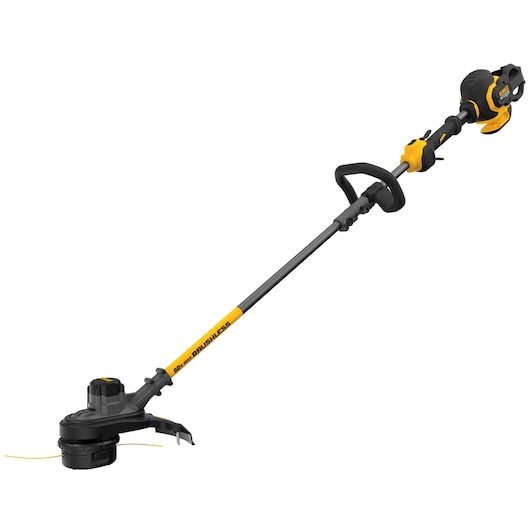 A cordless electric string trimmer with a black and yellow design, featuring a long shaft, a handle, and a cutting head with visible trimming line.