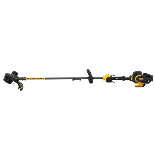 A DEWALT cordless string trimmer with a black and yellow design, featuring a long straight shaft and a 60V MAX brushless motor. The tool has a side handle for grip and is designed for trimming grass and weeds.