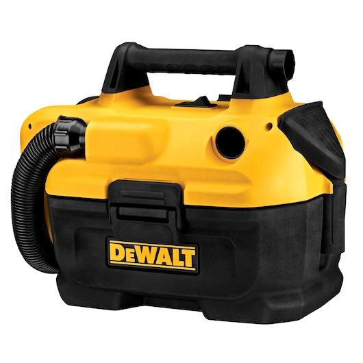 A DEWALT portable wet/dry vacuum with a yellow and black body, a carrying handle, and a flexible hose attached on the side. The vacuum is designed for heavy-duty cleaning tasks and features the DEWALT logo prominently on the front.